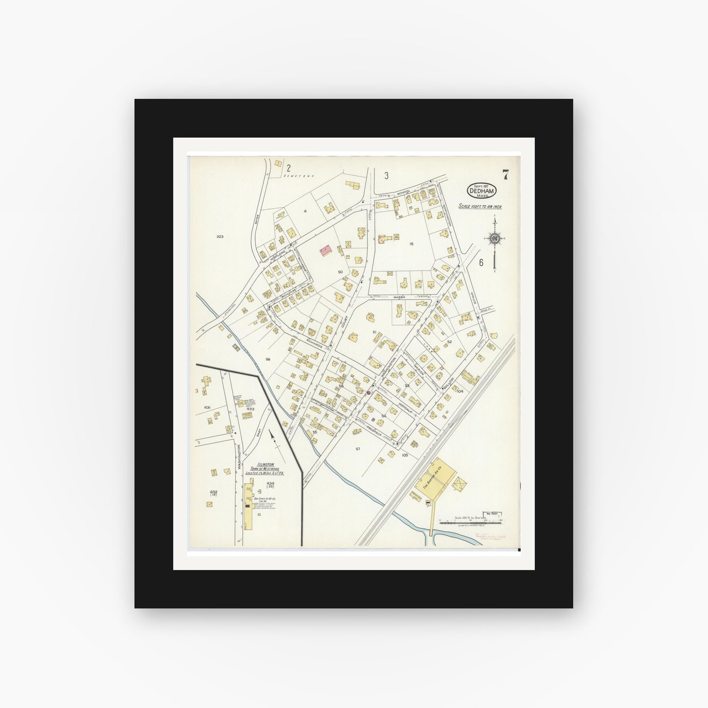 Old map wall art mockup — black gallery frame with white mat — Sanborn Fire Insurance Map from Dedham, Norfolk County, Massachusetts (1917), Sheet #0007