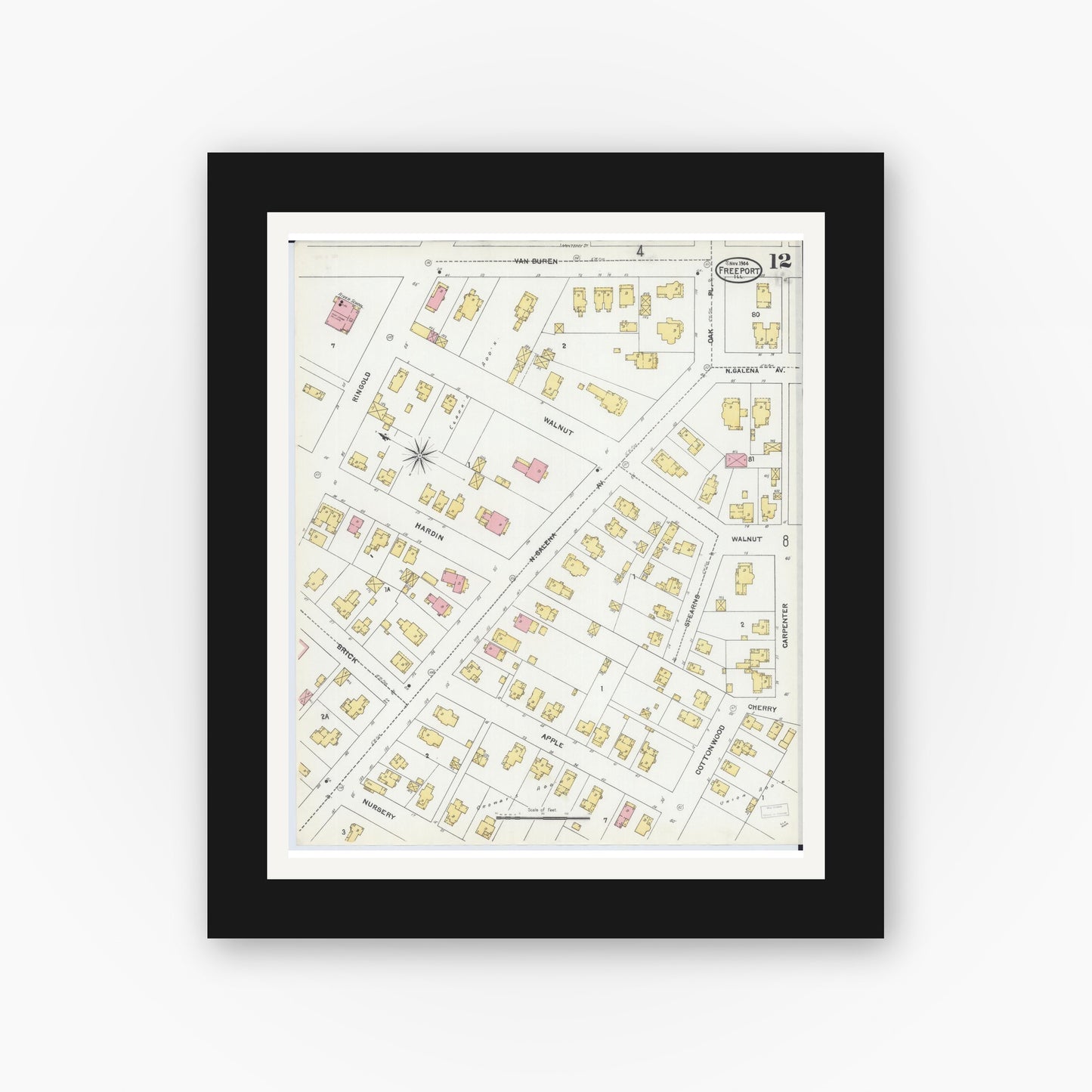 Old map wall art mockup — black gallery frame with white mat — Sanborn Fire Insurance Map from Freeport, Stephenson County, Illinois (1904), Sheet #0012