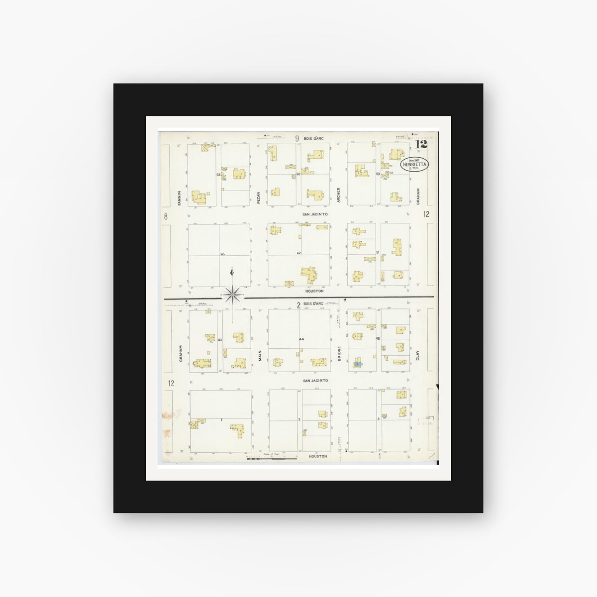 Old map wall art mockup — black gallery frame with white mat — Sanborn Fire Insurance Map from Henrietta, Clay County, Texas (1907), Sheet #0012