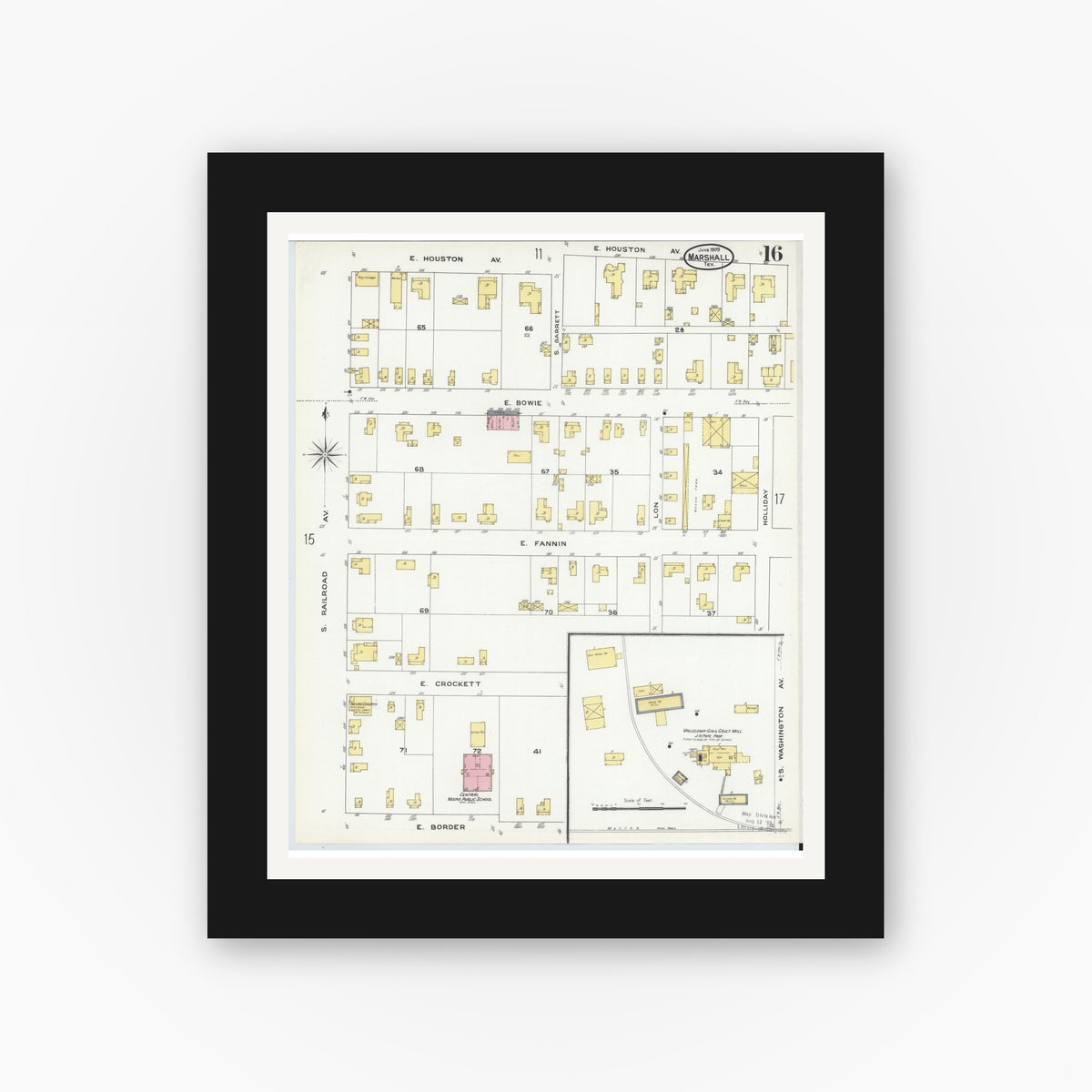 Old map wall art mockup — black gallery frame with white mat — Sanborn Fire Insurance Map from Marshall, Harrison County, Texas (1909), Sheet #0016