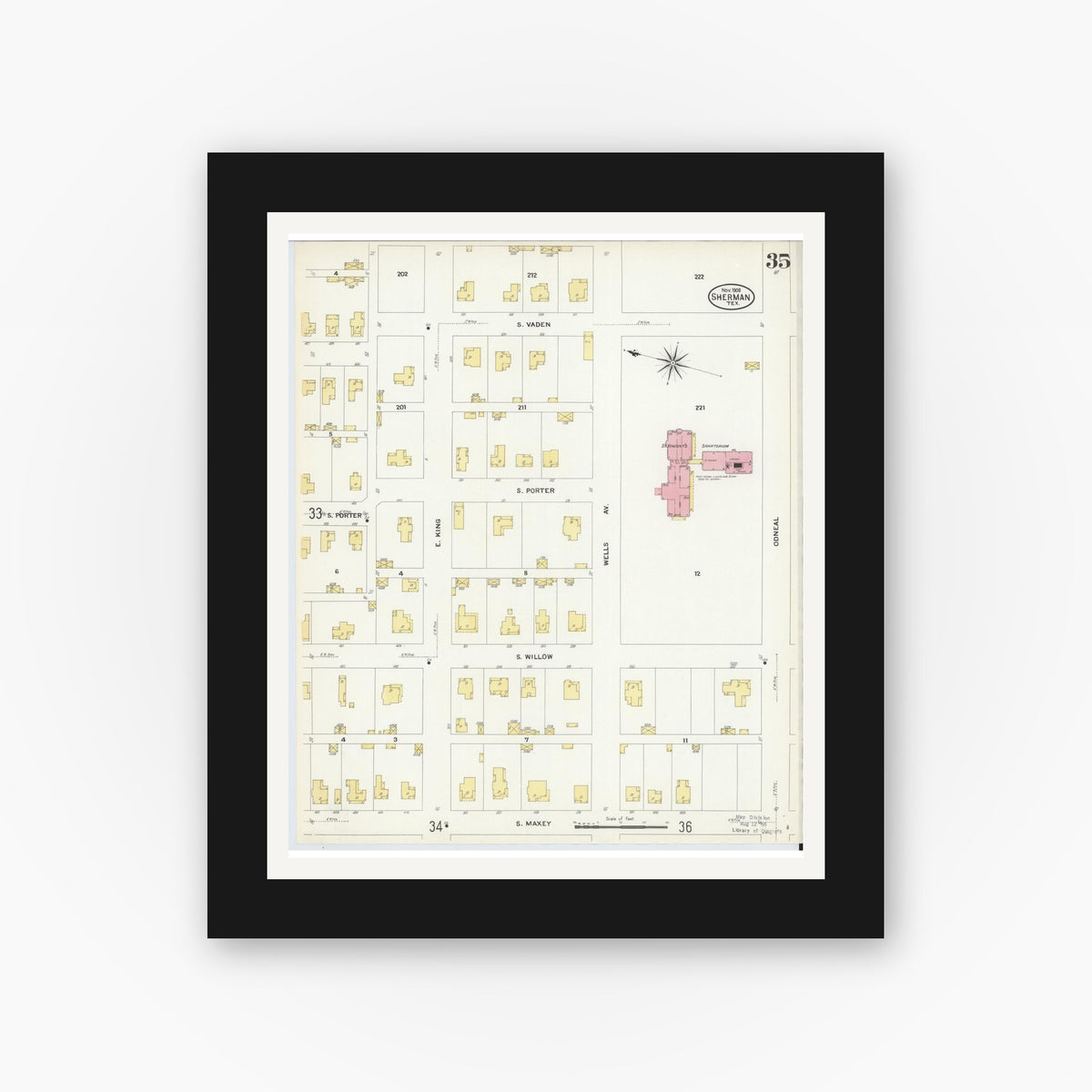 Old map wall art mockup — black gallery frame with white mat — Sanborn Fire Insurance Map from Sherman, Grayson County, Texas (1908), Sheet #0035