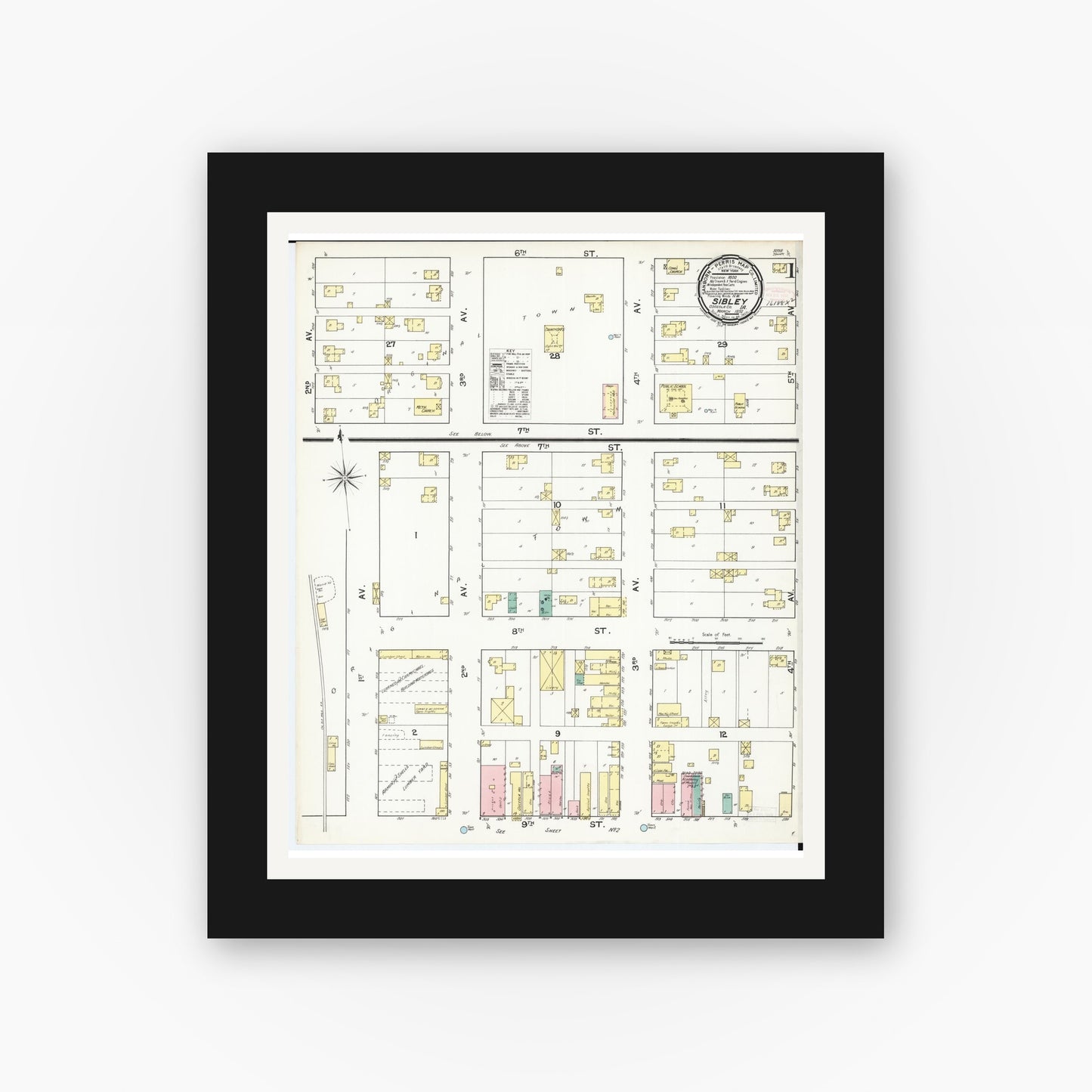 Old map wall art mockup β black gallery frame with white mat β Sanborn Fire Insurance Map from Sibley, Osceola County, Iowa (1892), Sheet #0001