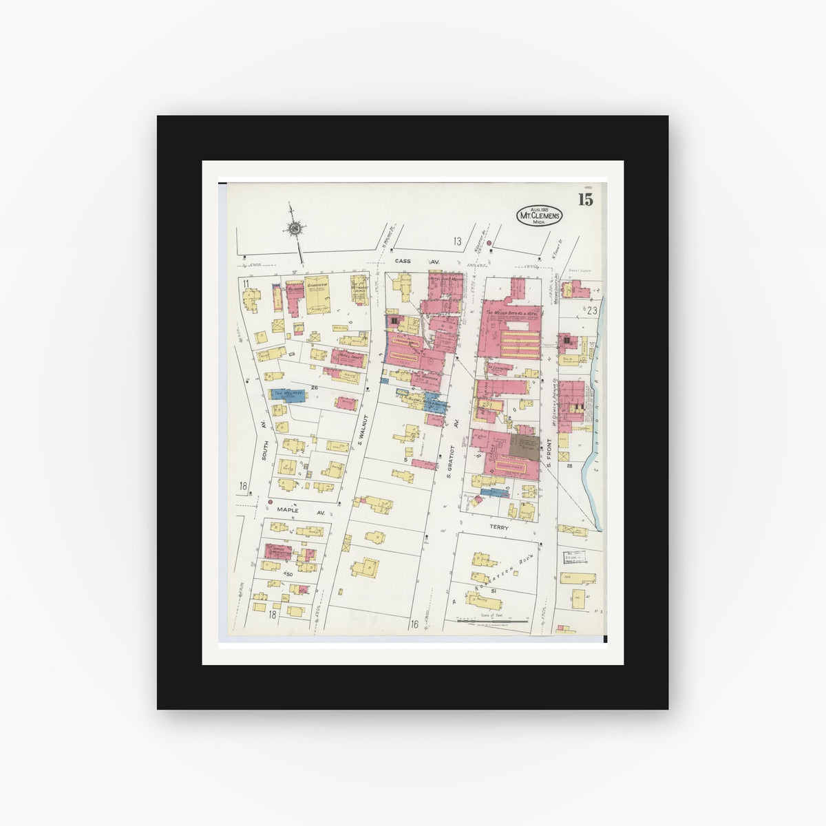 Old map wall art mockup — black gallery frame with white mat — Sanborn Fire Insurance Map from Mount Clemens, Macomb County, Michigan (1921), Sheet #0015