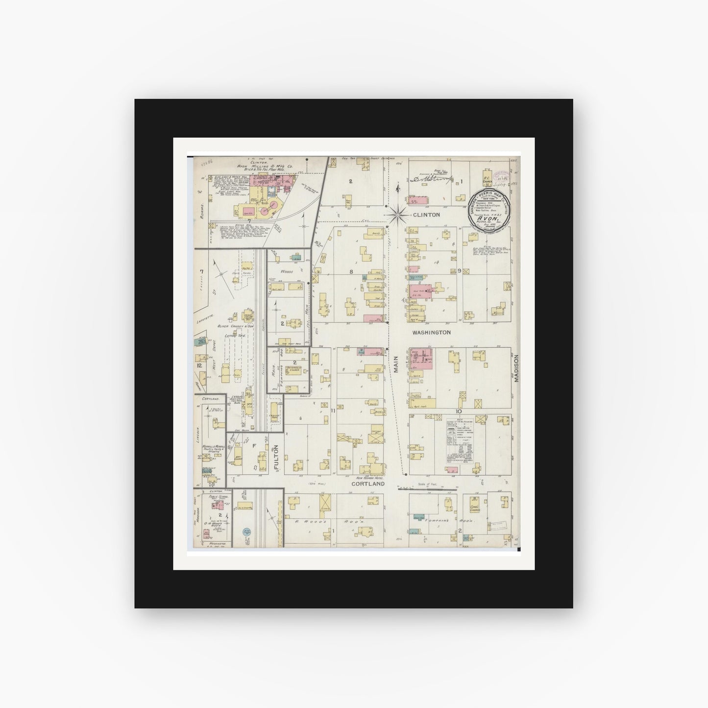 Old map wall art mockup — black gallery frame with white mat — Sanborn Fire Insurance Map from Avon, Fulton County, Illinois (1893), Sheet #0001