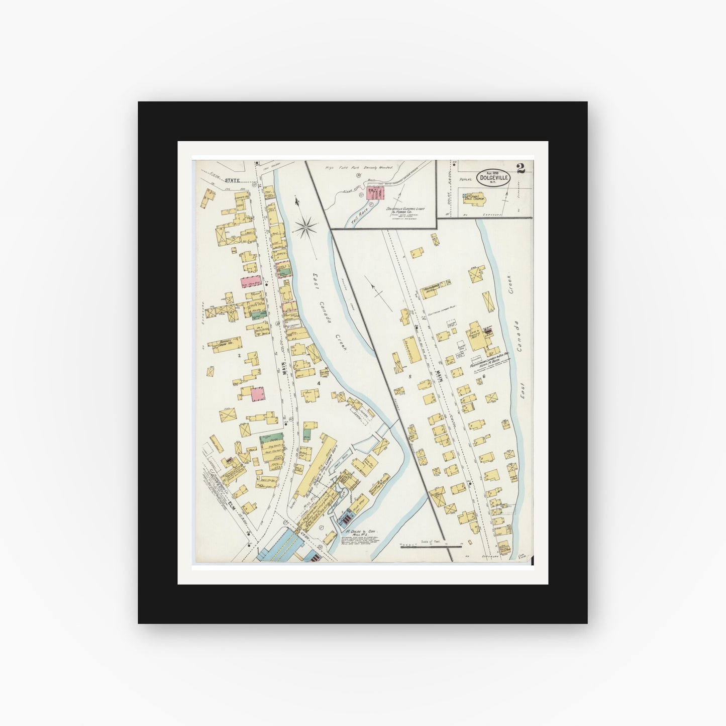 Old map wall art mockup — black gallery frame with white mat — Sanborn Fire Insurance Map from Dolgeville, Hirkimer County, New York (1898), Sheet #0002