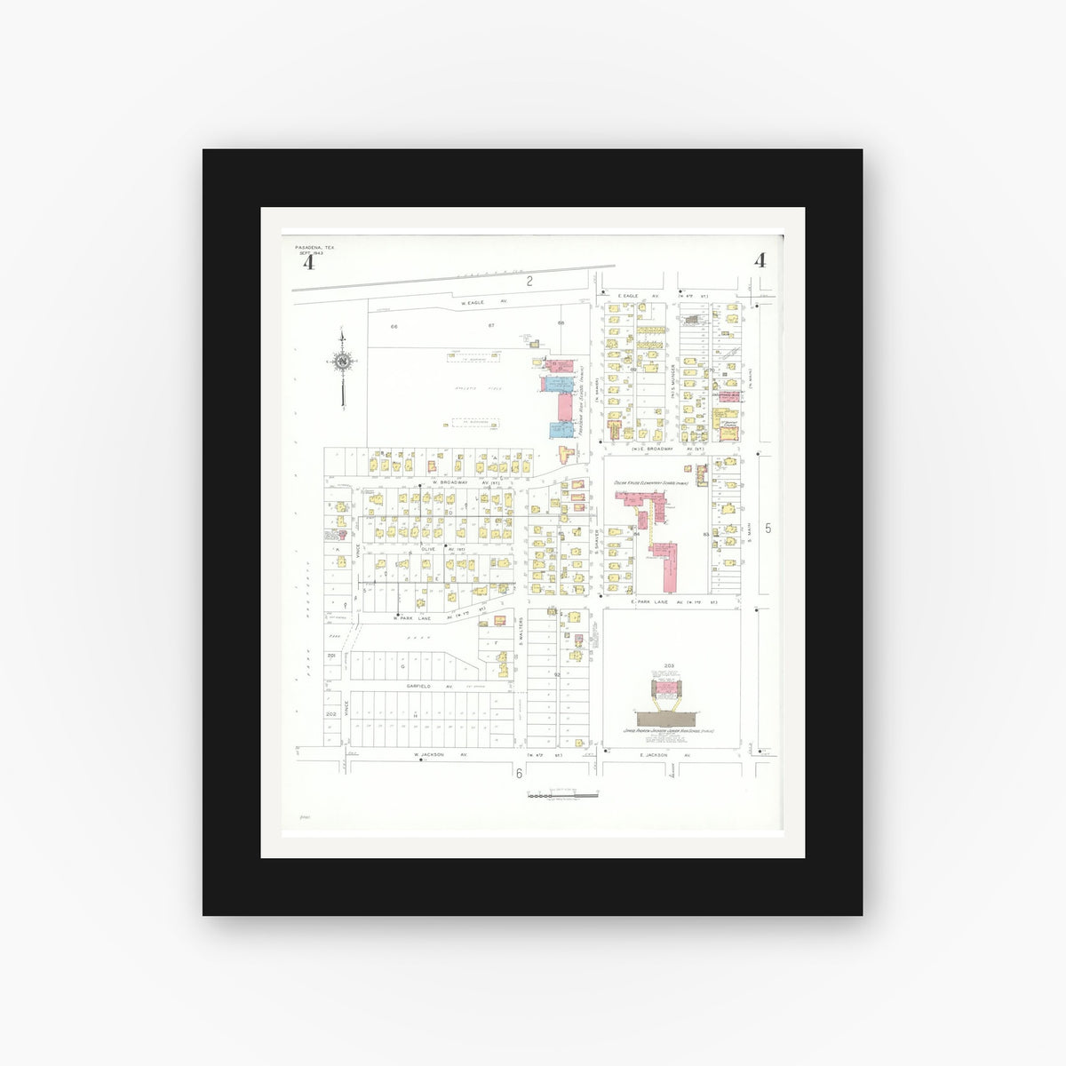 Old map wall art mockup — black gallery frame with white mat — Sanborn Fire Insurance Map from Pasadena, Harris County, Texas (1943), Sheet #0004