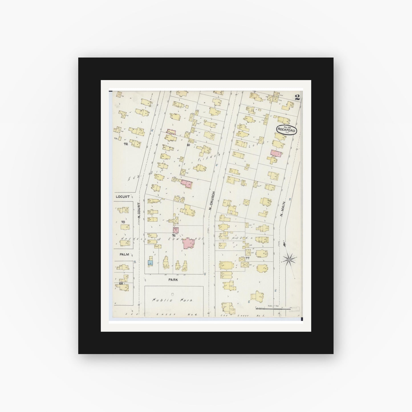 Old map wall art mockup — black gallery frame with white mat — Sanborn Fire Insurance Map from Rockford, Winnebago County, Illinois (1891), Sheet #0002