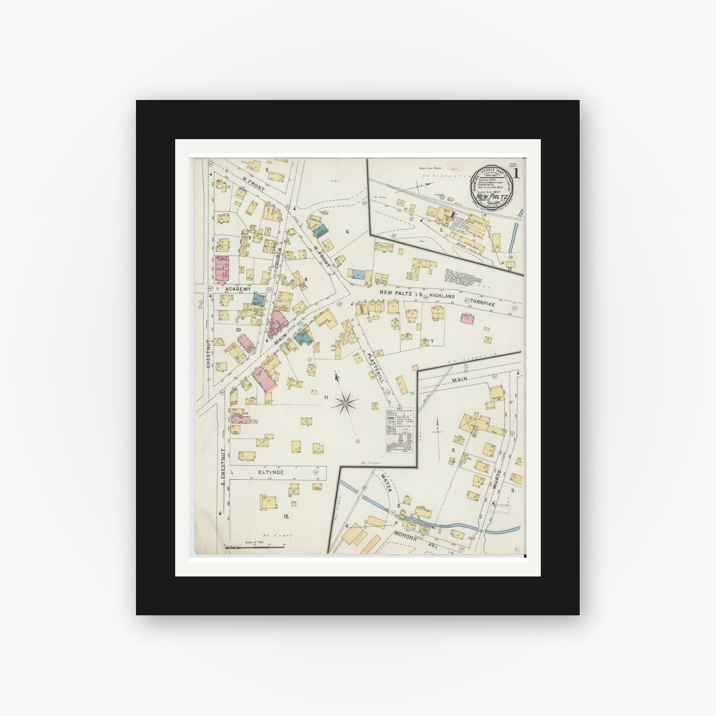 Old map wall art mockup — black gallery frame with white mat — Sanborn Fire Insurance Map from New Paltz, Ulster County, New York (1894), Sheet #0001