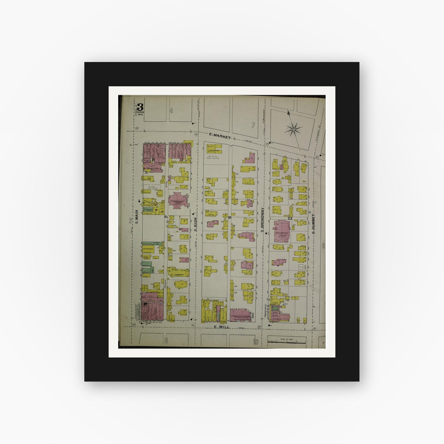 Old map wall art mockup — black gallery frame with white mat — Sanborn Fire Insurance Map from Akron, Summit County, Ohio (1892), Sheet #0003