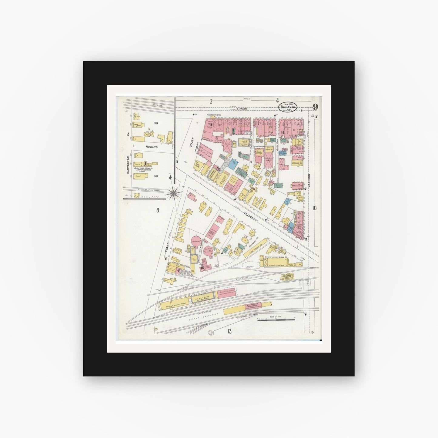 Old map wall art mockup — black gallery frame with white mat — Sanborn Fire Insurance Map from Batavia, Genesee County, New York (1906), Sheet #0009