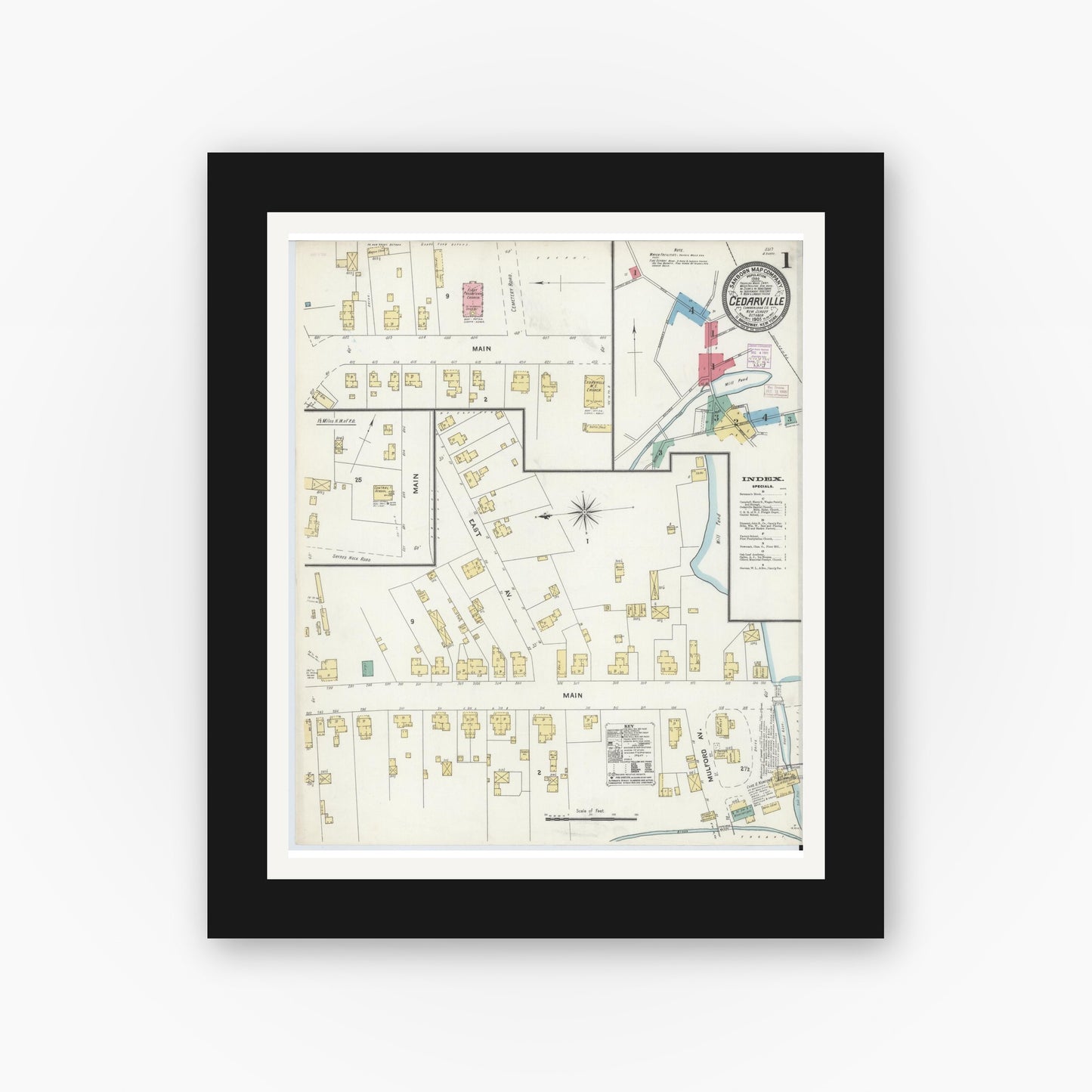 Old map wall art mockup — black gallery frame with white mat — Sanborn Fire Insurance Map from Cedarville, Cumberland County, New Jersey (1905), Sheet #0001