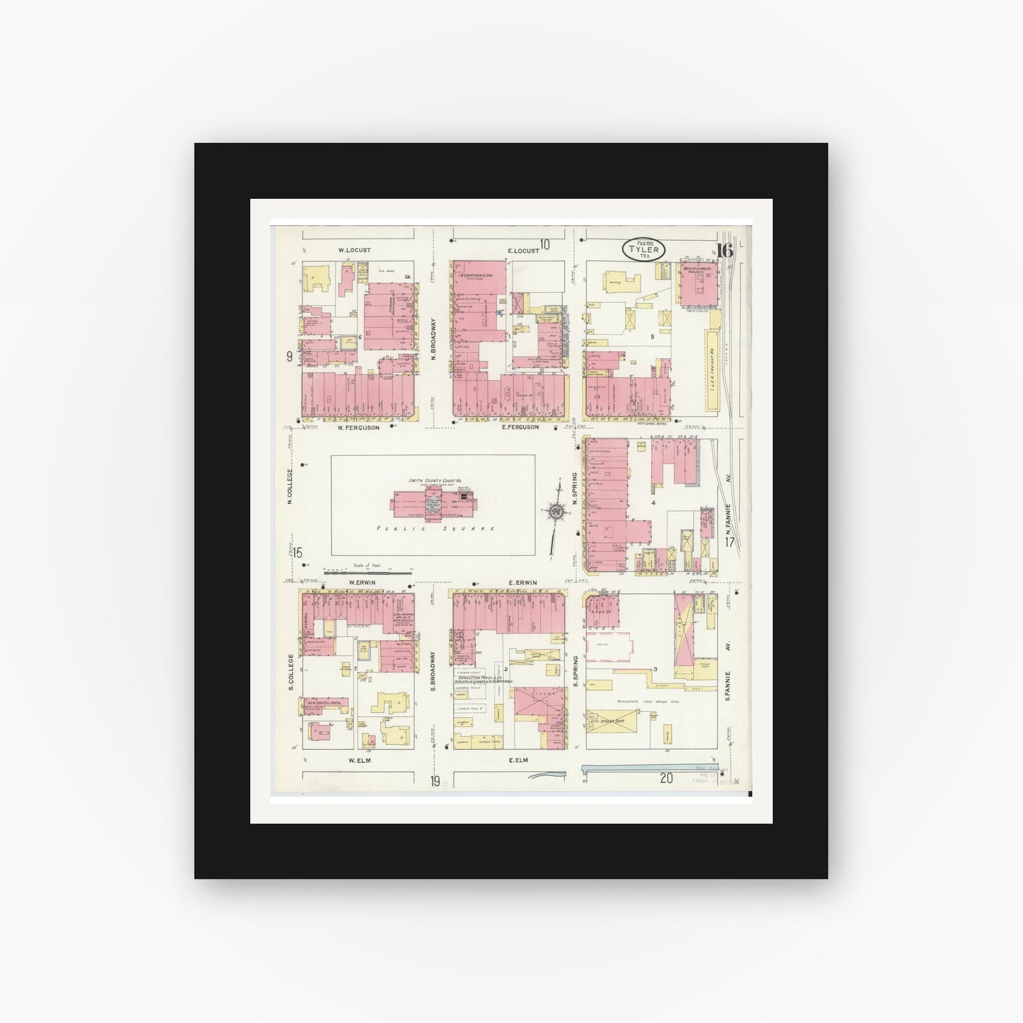 Old map wall art mockup — black gallery frame with white mat — Sanborn Fire Insurance Map from Tyler, Smith County, Texas (1912), Sheet #0016