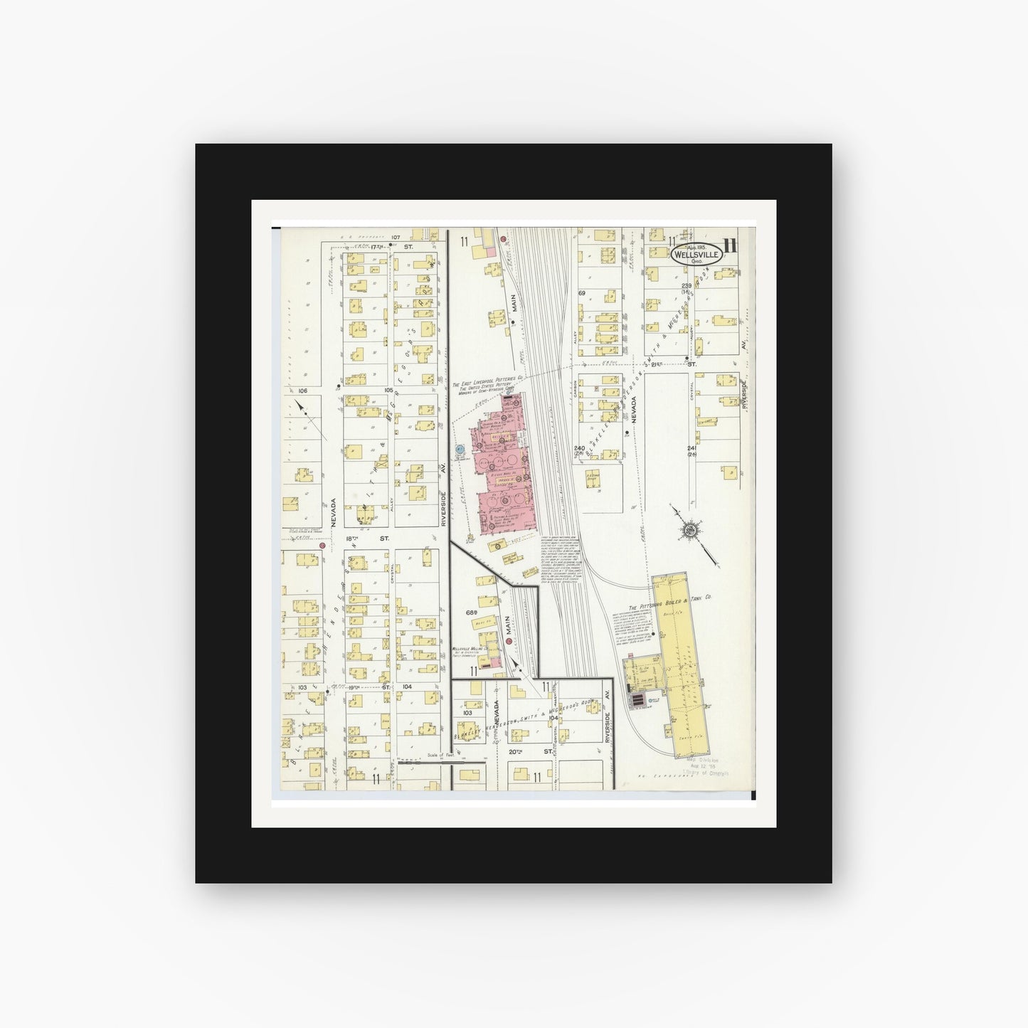 Old map wall art mockup — black gallery frame with white mat — Sanborn Fire Insurance Map from Wellsville, Columbiana County, Ohio (1915), Sheet #0011