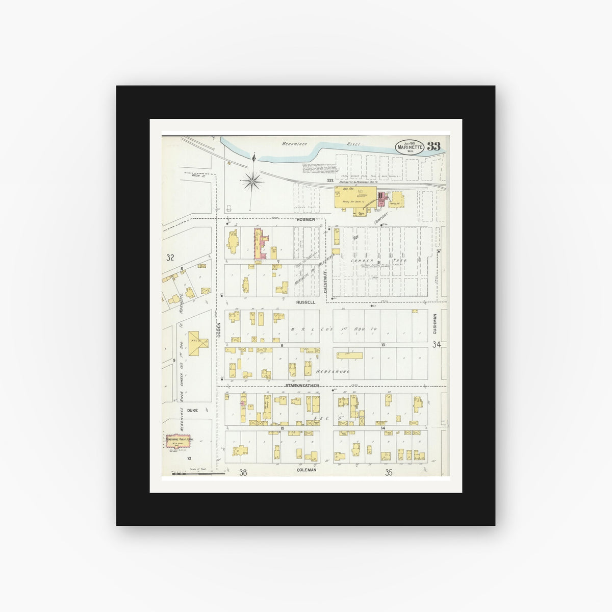 Old map wall art mockup — black gallery frame with white mat — Sanborn Fire Insurance Map from Marinette, Marinette County, Wisconsin (1901), Sheet #0033