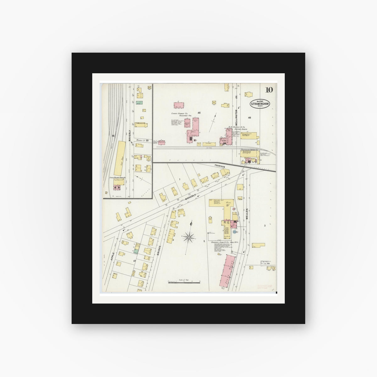 Old map wall art mockup — black gallery frame with white mat — Sanborn Fire Insurance Map from South Farmington, Middlesex County, Massachusetts (1897), Sheet #0010