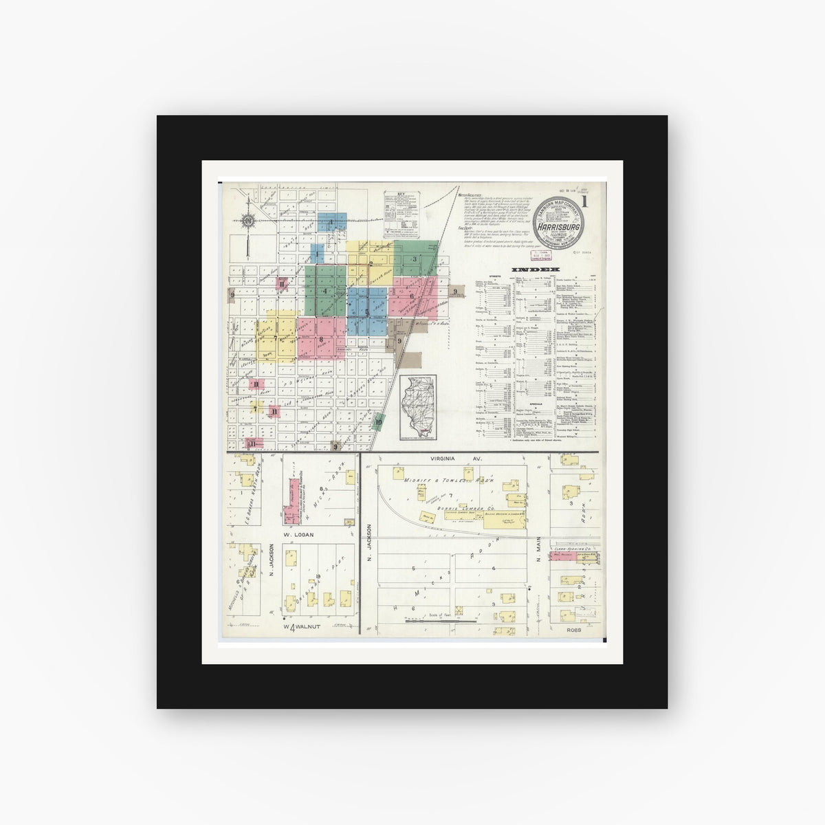 Old map wall art mockup — black gallery frame with white mat — Sanborn Fire Insurance Map from Harrisburg, Saline County, Illinois (1913) - Complete Map Set