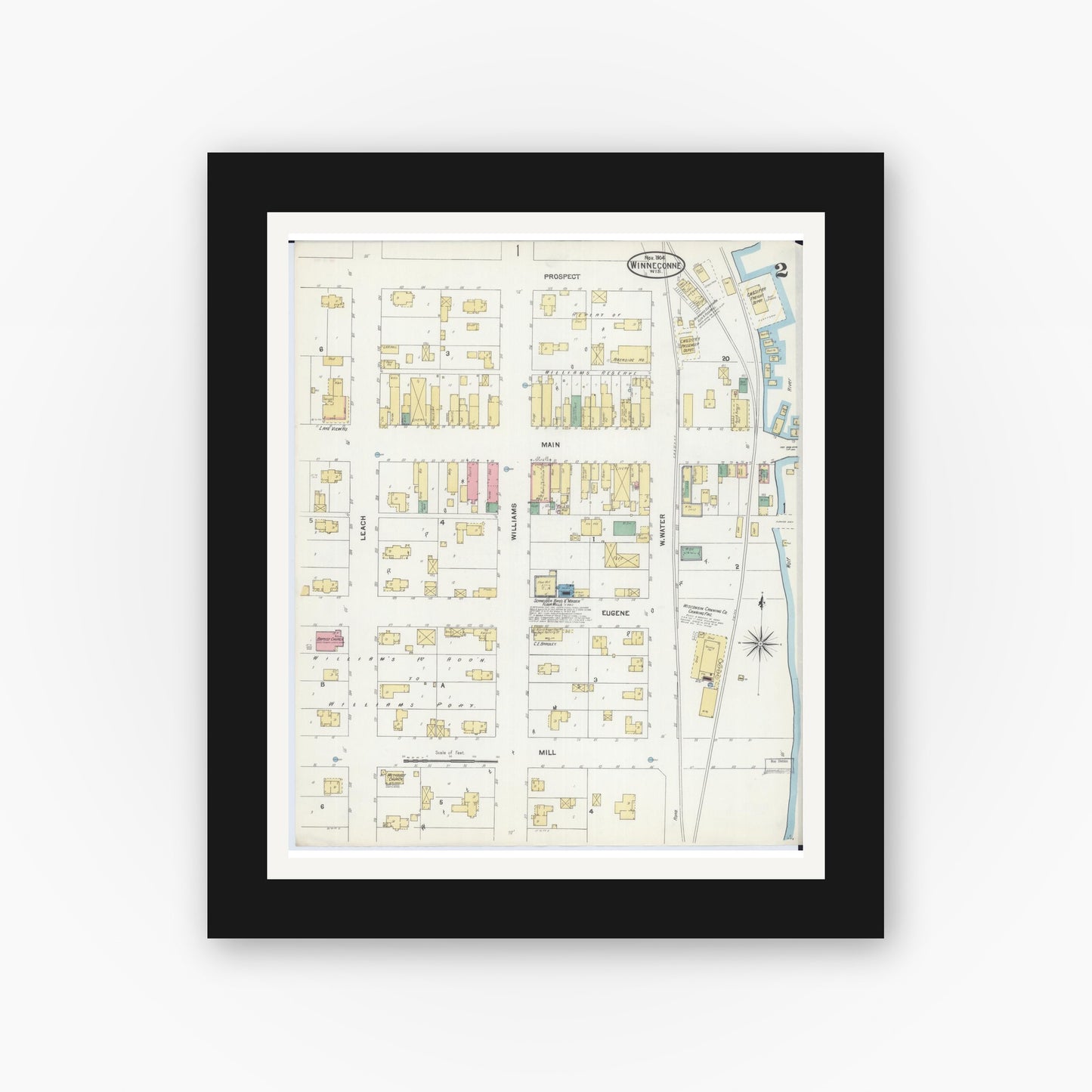 Old map wall art mockup — black gallery frame with white mat — Sanborn Fire Insurance Map from Winneconne, Winnebago County, Wisconsin (1904), Sheet #0002