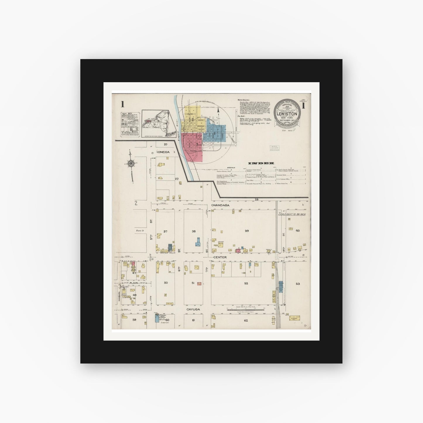 Old map wall art mockup — black gallery frame with white mat — Sanborn Fire Insurance Map from Lewiston, Niagara County, New York (1923), Sheet #0001