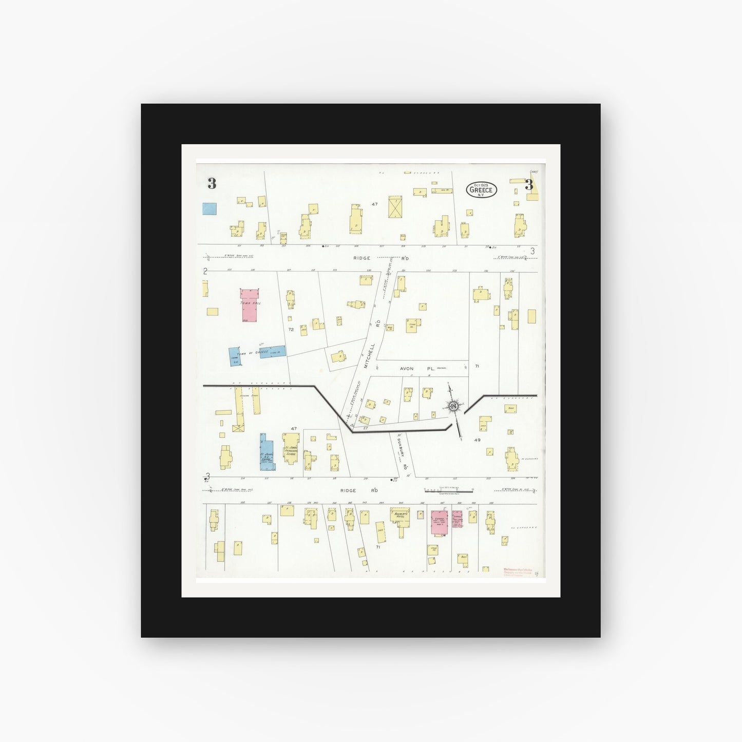 Old map wall art mockup — black gallery frame with white mat — Sanborn Fire Insurance Map from Greece, Monroe County, New York (1929), Sheet #0003