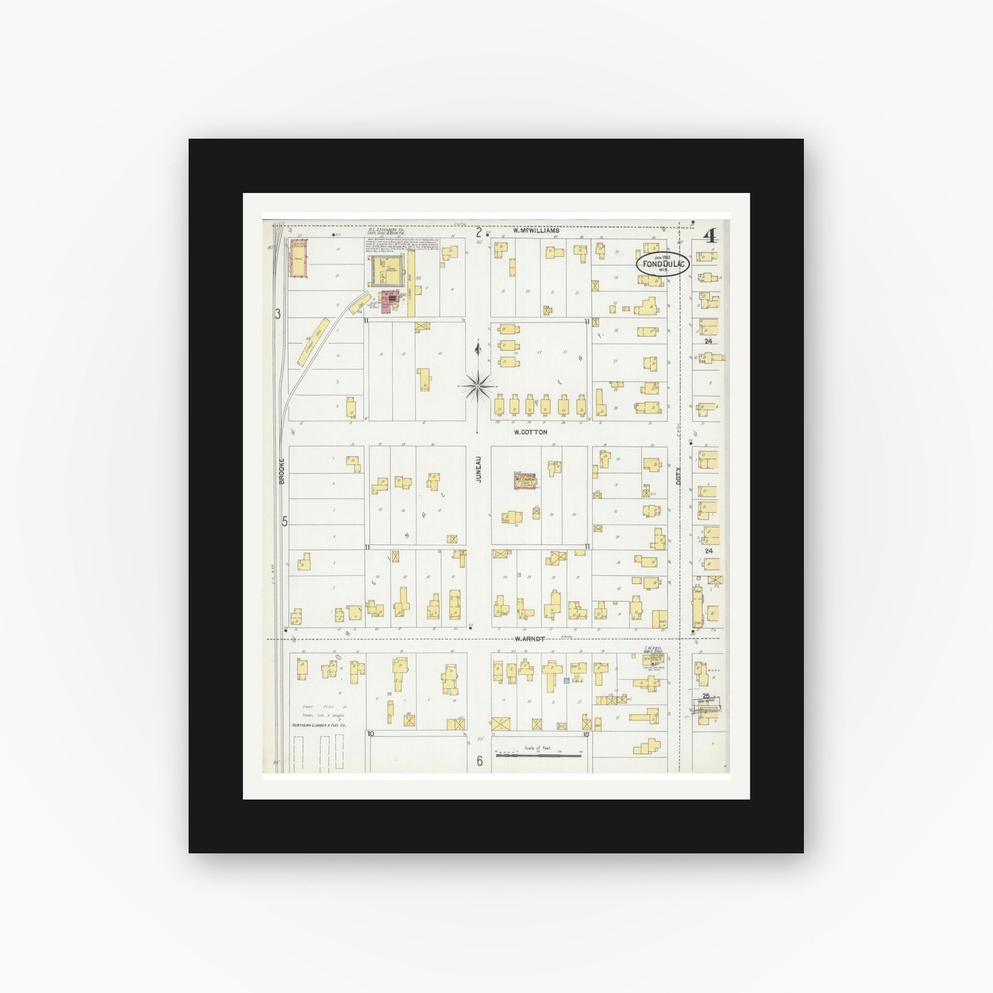 Old map wall art mockup — black gallery frame with white mat — Sanborn Fire Insurance Map from Fond du Lac, Fond du Lac County, Wisconsin (1902), Sheet #0004
