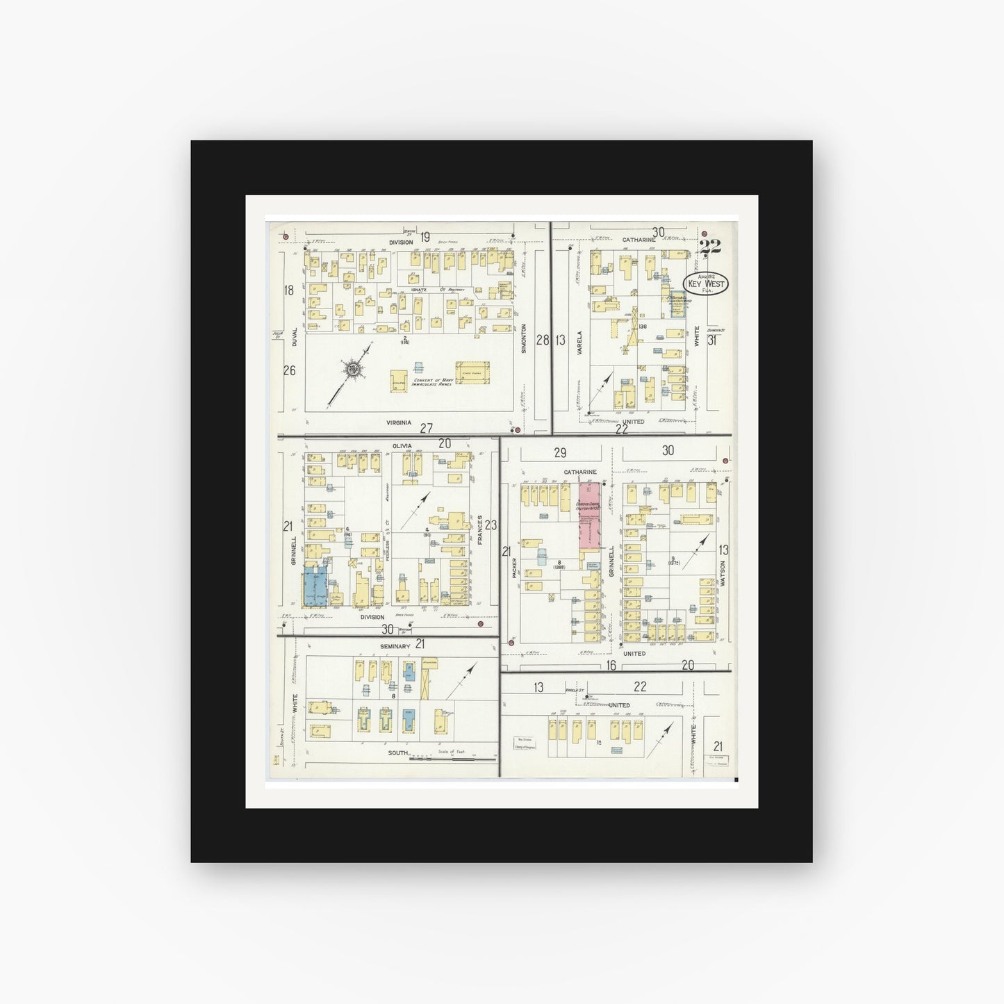 Old map wall art mockup — black gallery frame with white mat — Sanborn Fire Insurance Map from Key West, Monroe County, Florida (1912), Sheet #0022