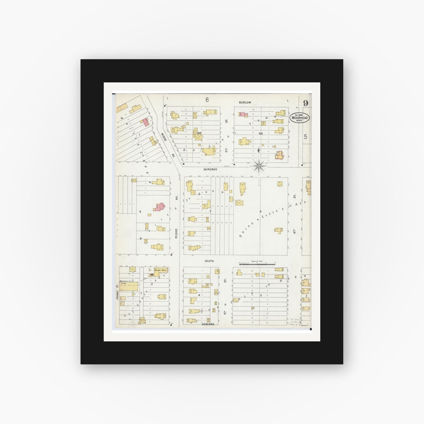 Old map wall art mockup — black gallery frame with white mat — Sanborn Fire Insurance Map from Moorhead, Clay County, Minnesota (1899), Sheet #0009