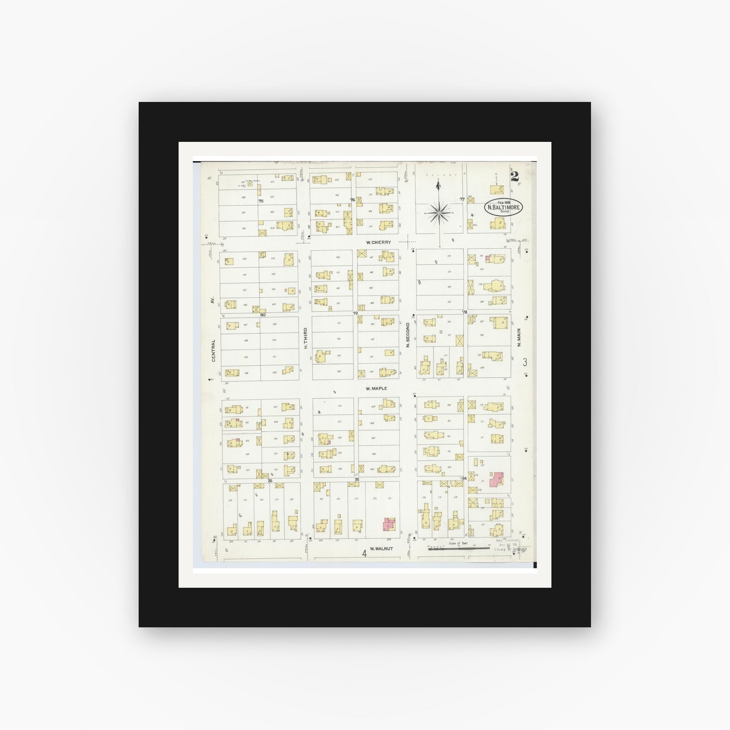 Old map wall art mockup — black gallery frame with white mat — Sanborn Fire Insurance Map from North Baltimore, Wood County, Ohio (1908), Sheet #0002