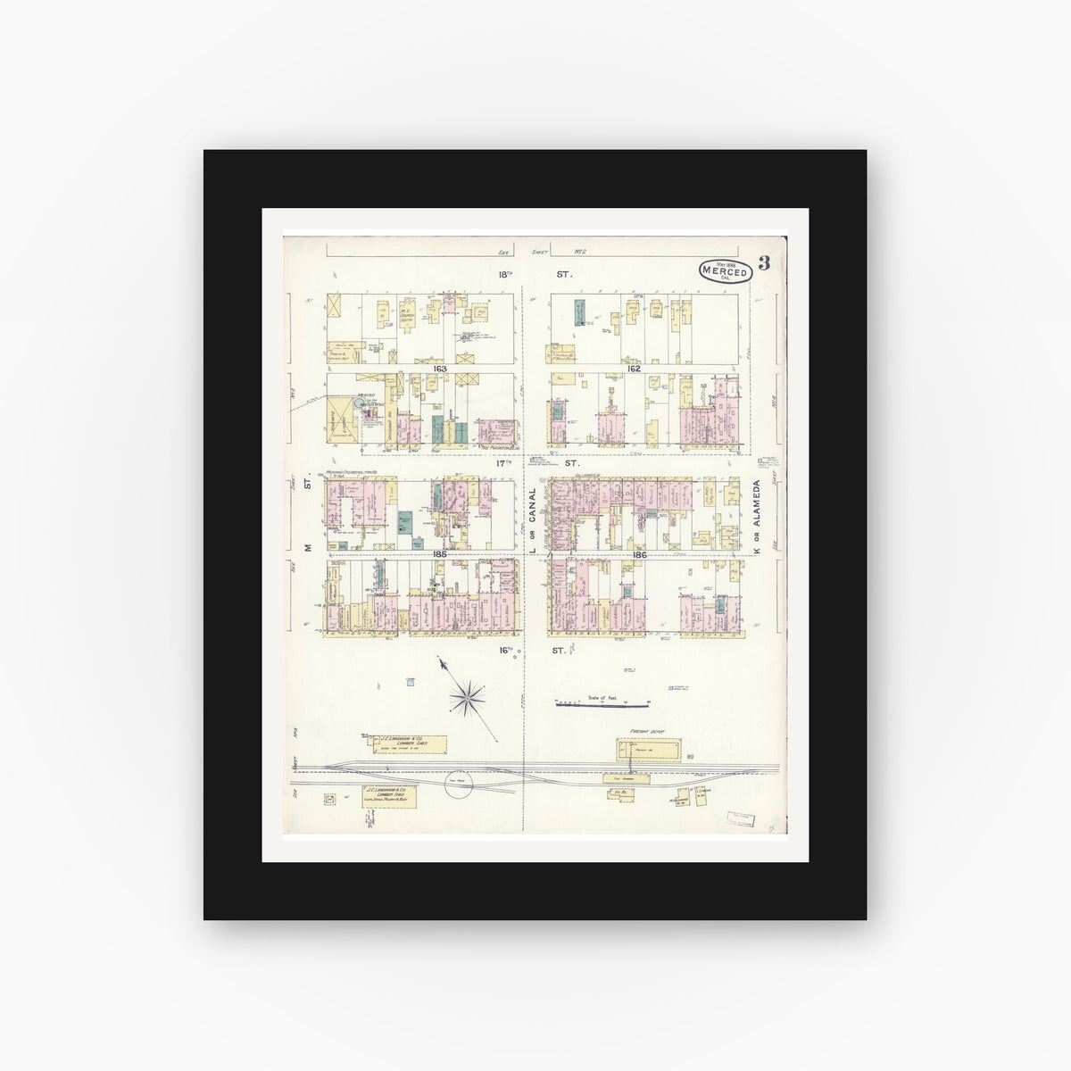 Old map wall art mockup — black gallery frame with white mat — Sanborn Fire Insurance Map from Merced, Merced County, California (1888), Sheet #0003
