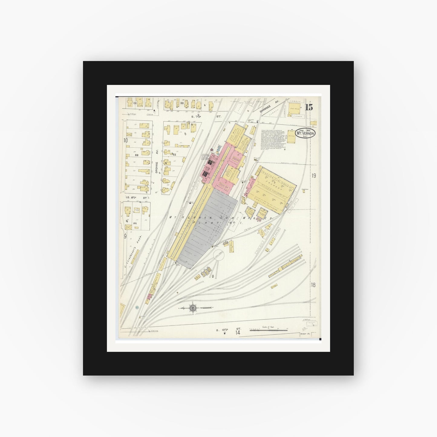 Old map wall art mockup — black gallery frame with white mat — Sanborn Fire Insurance Map from Mount Vernon, Jefferson County, Illinois (1913), Sheet #0015