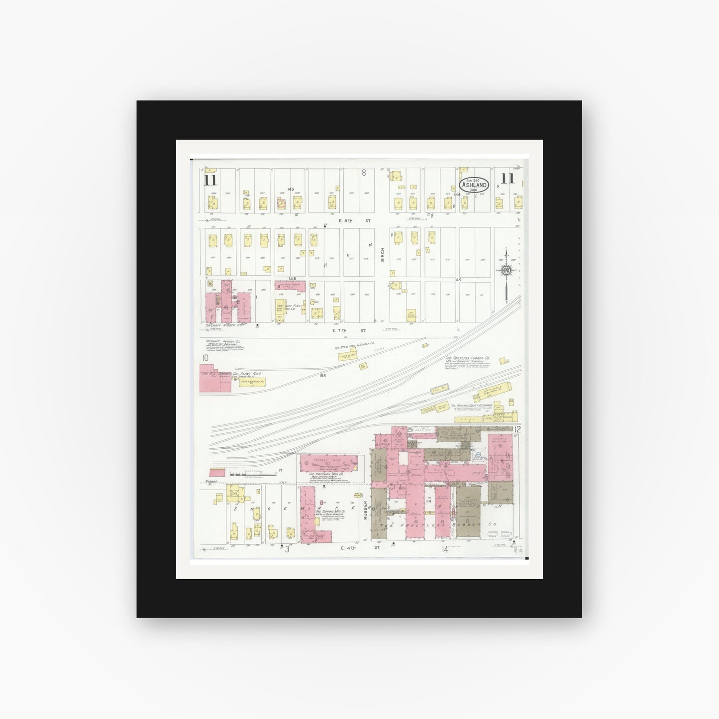 Old map wall art mockup — black gallery frame with white mat — Sanborn Fire Insurance Map from Ashland, Ashland County, Ohio (1930), Sheet #0011
