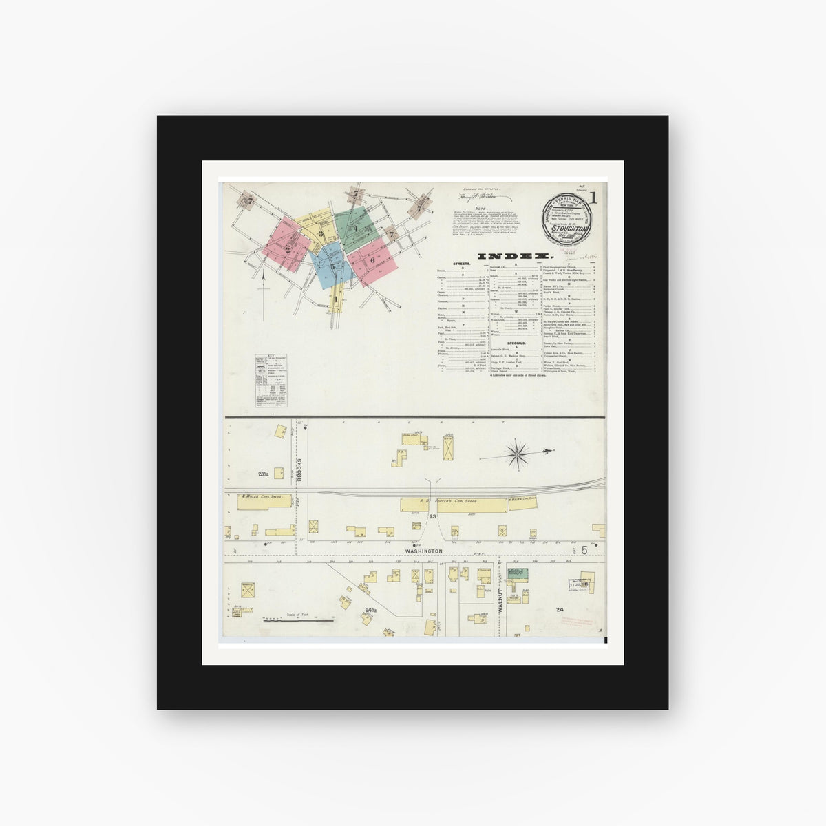 Old map wall art mockup — black gallery frame with white mat — Sanborn Fire Insurance Map from Stoughton, Norfolk County, Massachusetts (1896), Sheet #0001