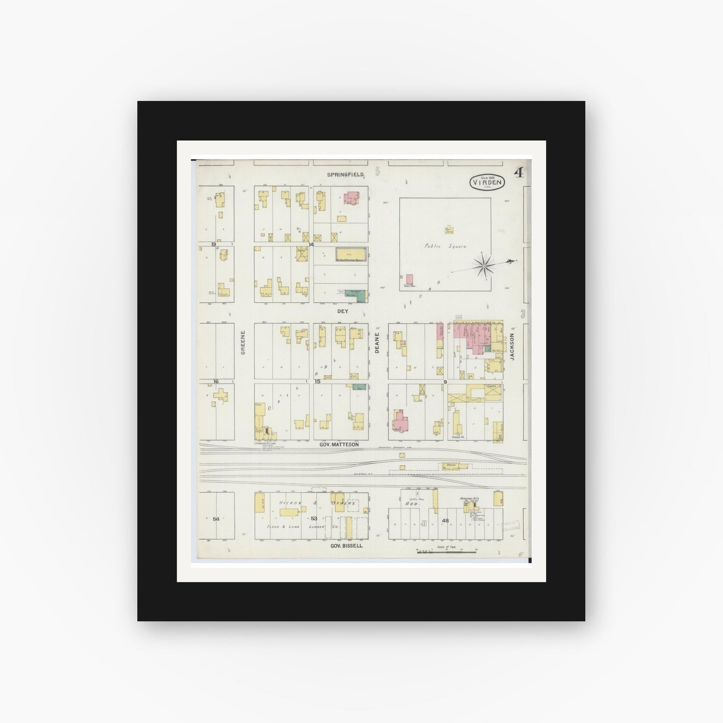 Old map wall art mockup — black gallery frame with white mat — Sanborn Fire Insurance Map from Virden, Macoupin County, Illinois (1894), Sheet #0004