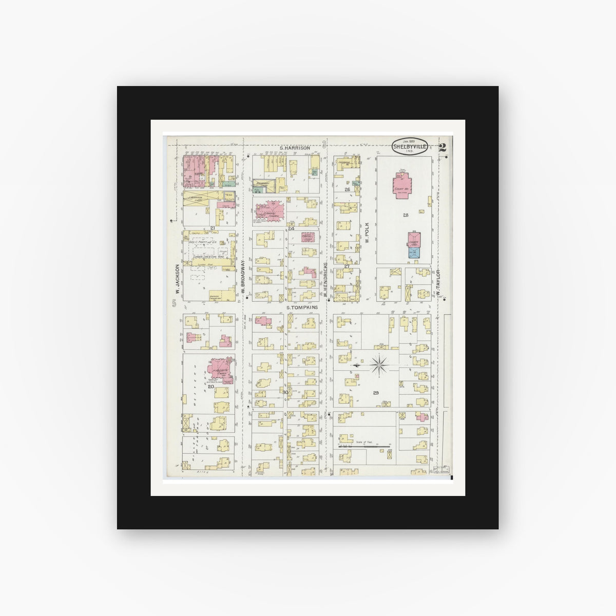 Old map wall art mockup β black gallery frame with white mat β Sanborn Fire Insurance Map from Shelbyville, Shelby County, Indiana (1893), Sheet #0002