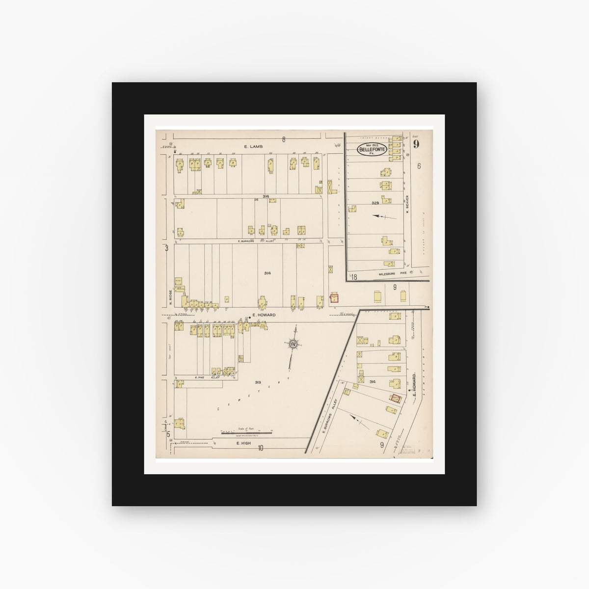 Old map wall art mockup β black gallery frame with white mat β Sanborn Fire Insurance Map from Bellefonte, Centre County, Pennsylvania (1922), Sheet #0009