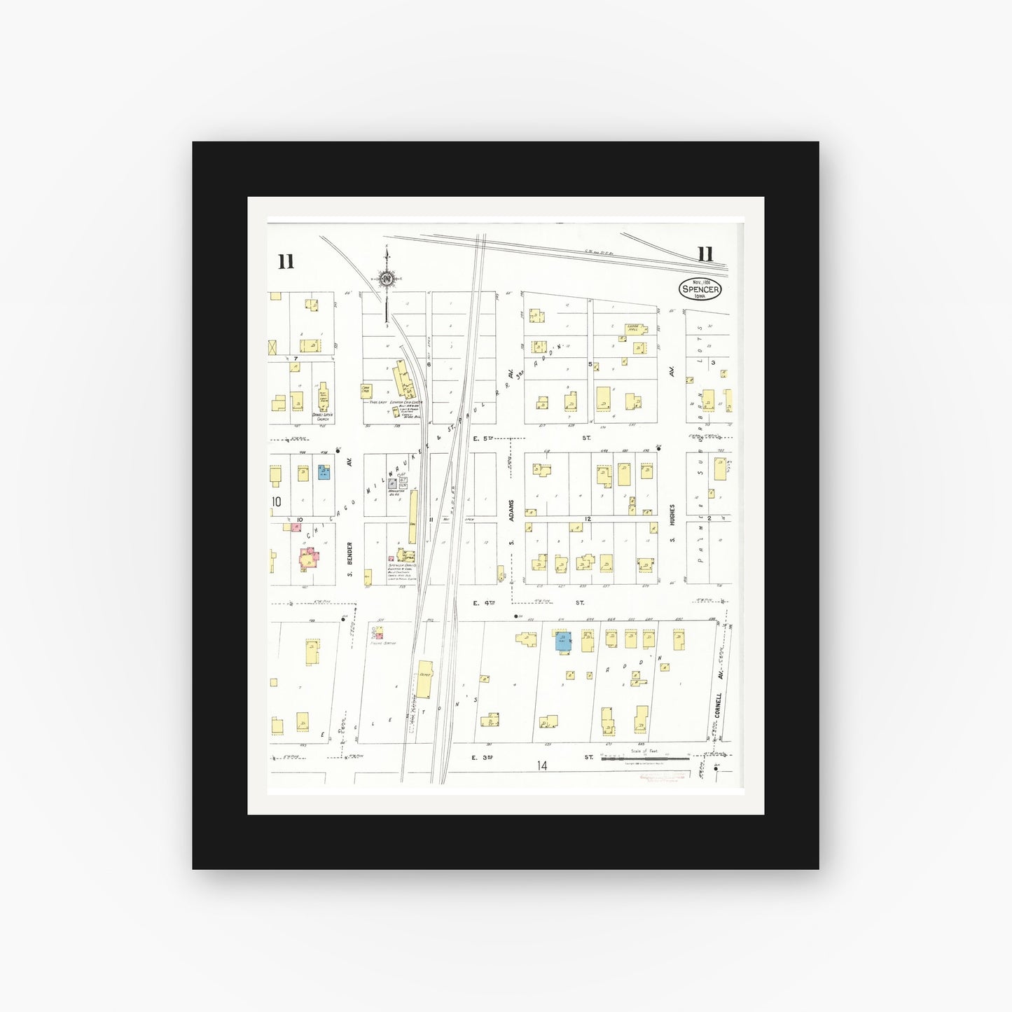 Old map wall art mockup β black gallery frame with white mat β Sanborn Fire Insurance Map from Spencer, Clay County, Iowa (1924), Sheet #0011
