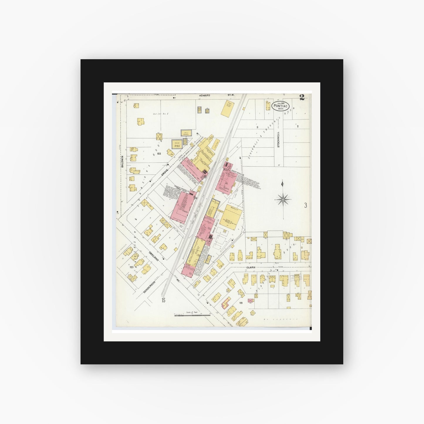 Old map wall art mockup — black gallery frame with white mat — Sanborn Fire Insurance Map from Pontiac, Oakland County, Michigan (1903), Sheet #0002