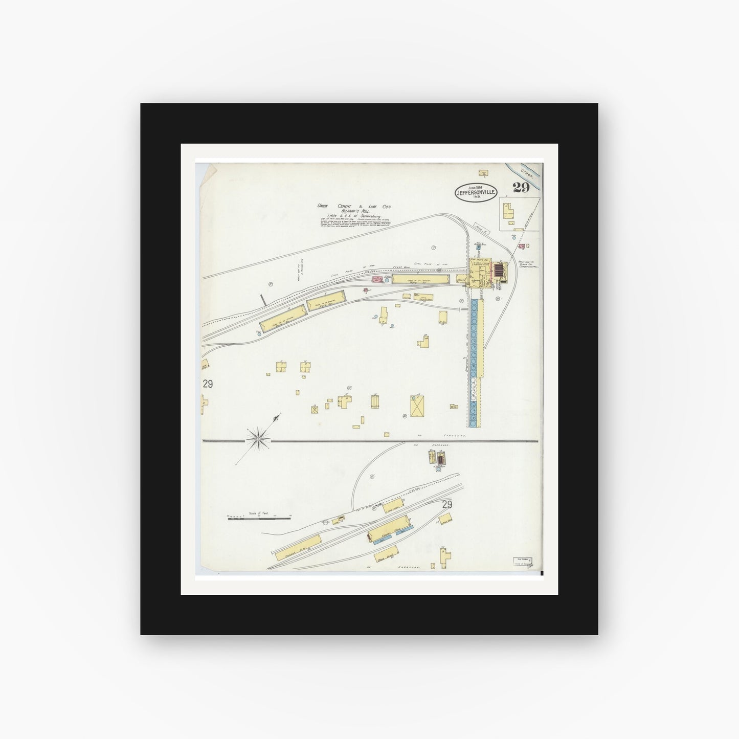 Old map wall art mockup — black gallery frame with white mat — Sanborn Fire Insurance Map from Jeffersonville, Clark County, Indiana (1898), Sheet #0029