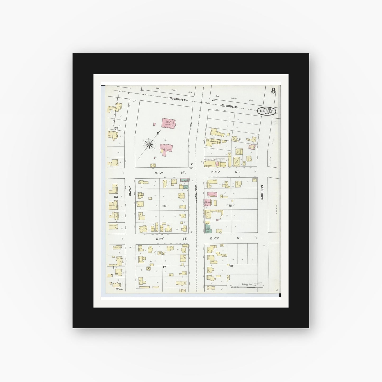 Old map wall art mockup — black gallery frame with white mat — Sanborn Fire Insurance Map from Flint, Genesee County, Michigan (1892), Sheet #0008