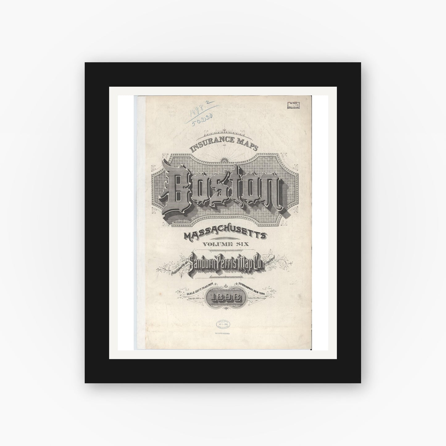Old map wall art mockup — black gallery frame with white mat — Sanborn Fire Insurance Map from Boston, Suffolk County, Massachusetts (1898), Sheet #0001