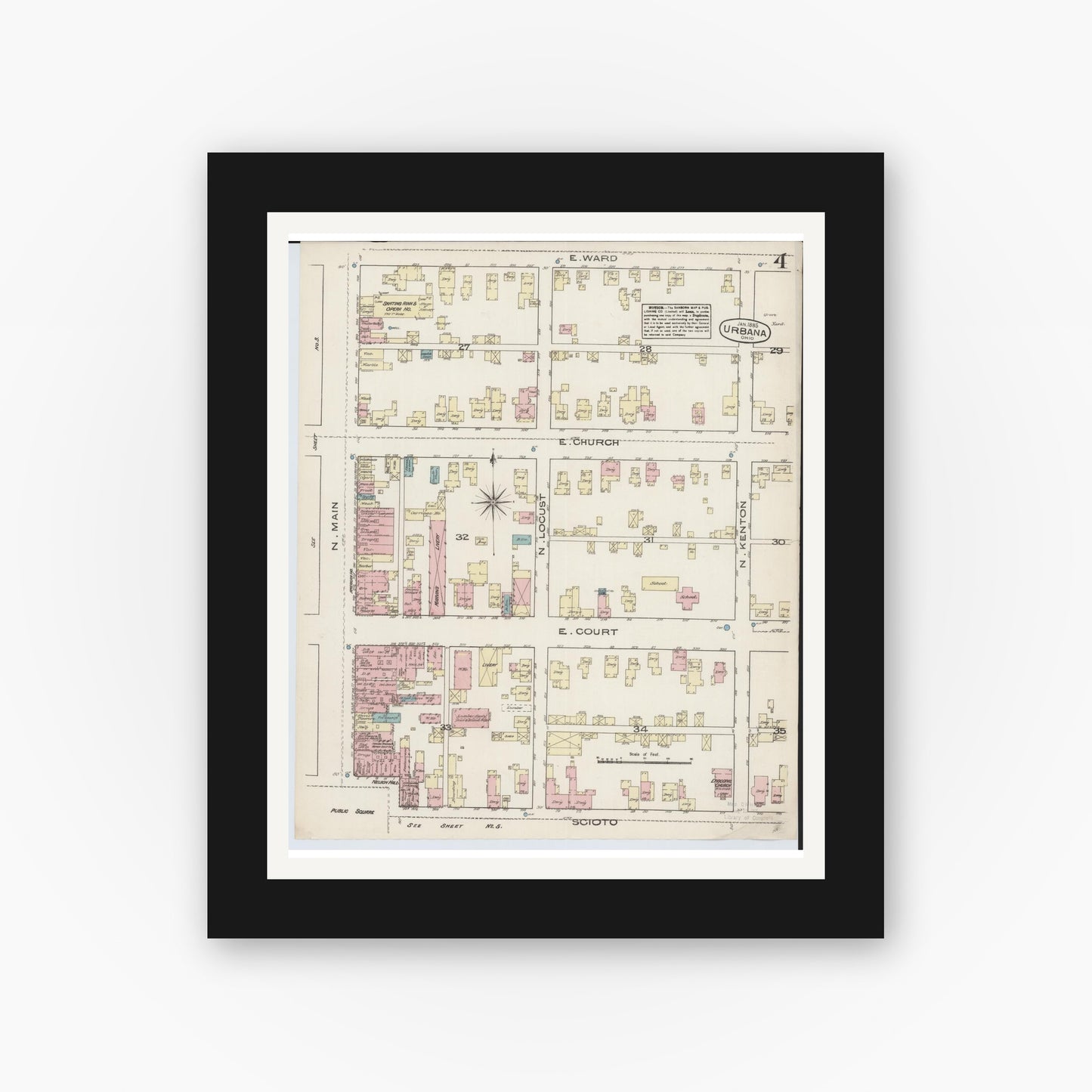Old map wall art mockup — black gallery frame with white mat — Sanborn Fire Insurance Map from Urbana, Champaign County, Ohio (1885), Sheet #0004