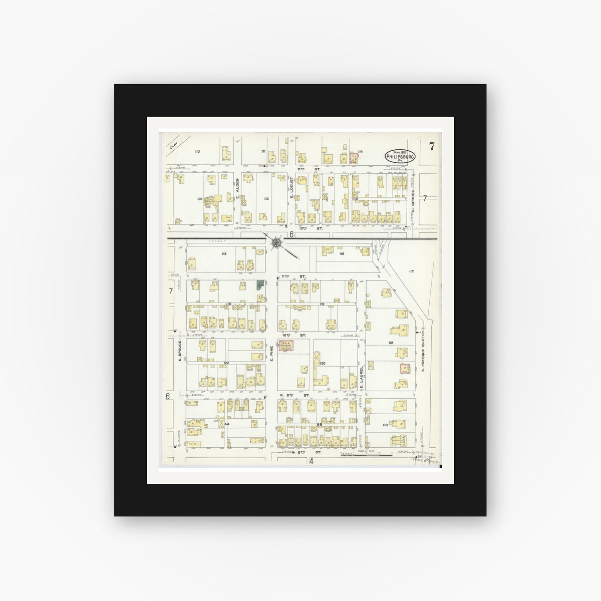 Old map wall art mockup β black gallery frame with white mat β Sanborn Fire Insurance Map from Philipsburg, Centre County, Pennsylvania (1910), Sheet #0007