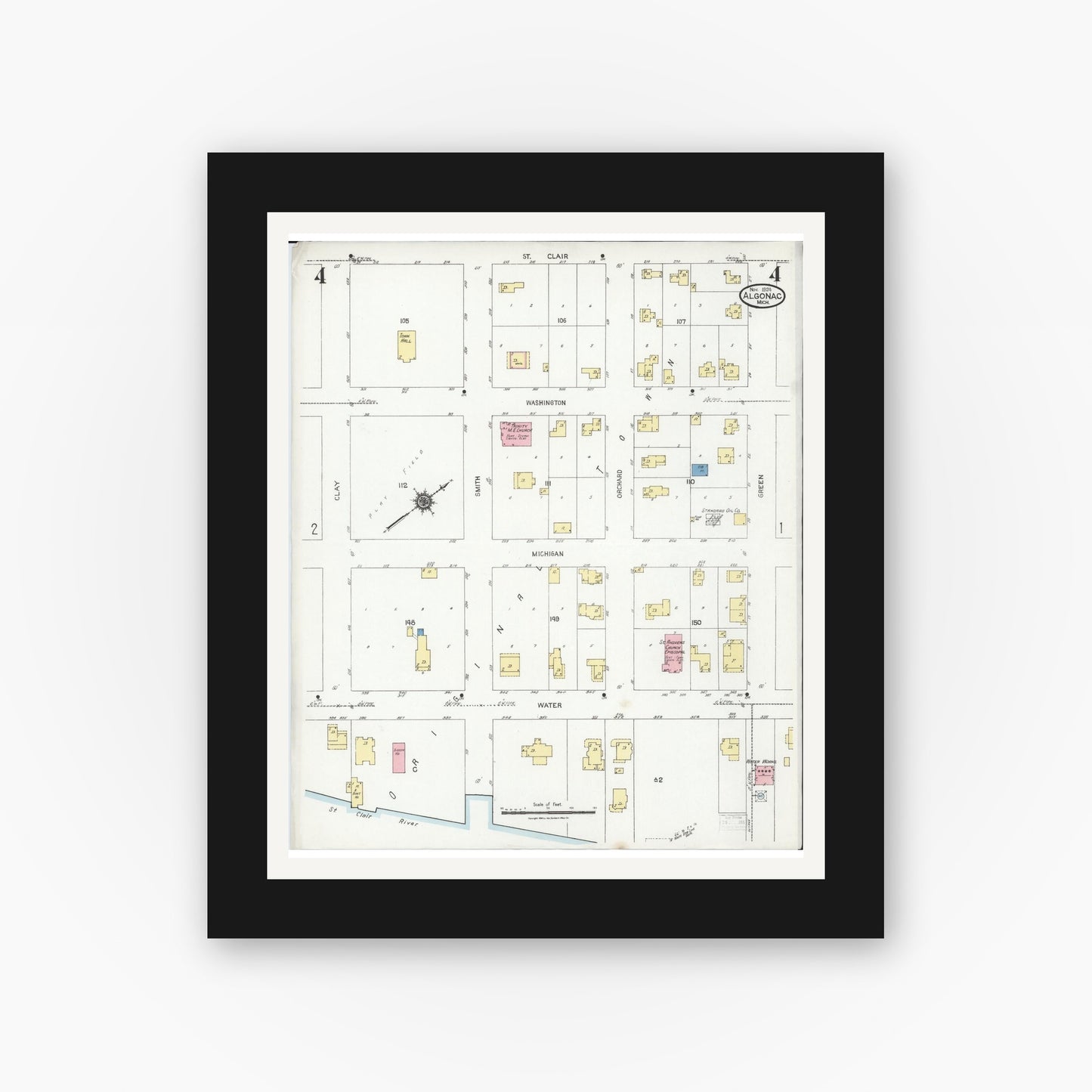 Old map wall art mockup — black gallery frame with white mat — Sanborn Fire Insurance Map from Algonac, Saint Clair County, Michigan (1924), Sheet #0004