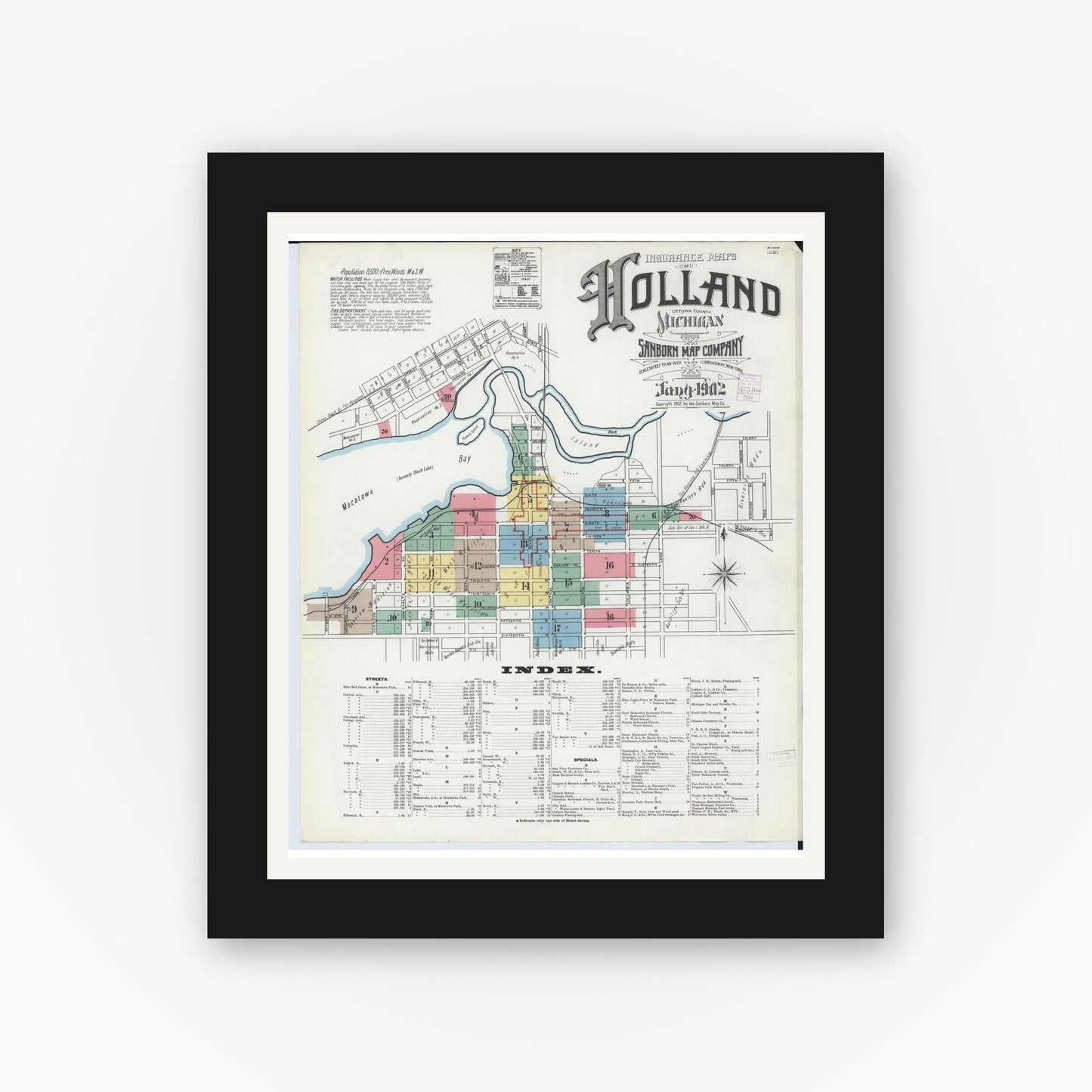 Old map wall art mockup — black gallery frame with white mat — Sanborn Fire Insurance Map from Holland, Ottawa County, Michigan (1902) - Complete Map Set
