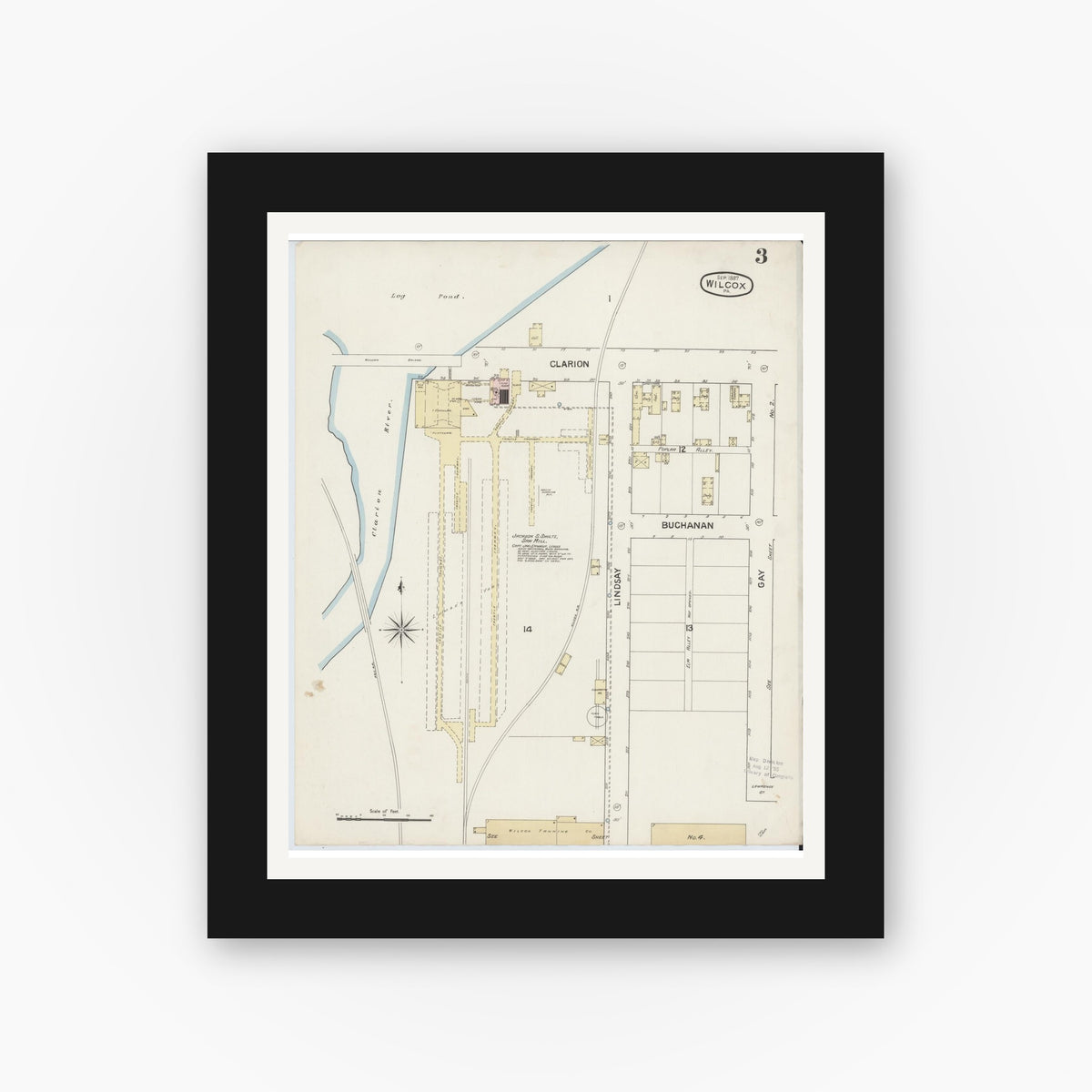 Old map wall art mockup — black gallery frame with white mat — Sanborn Fire Insurance Map from Wilcox, Elk County, Pennsylvania (1887), Sheet #0003