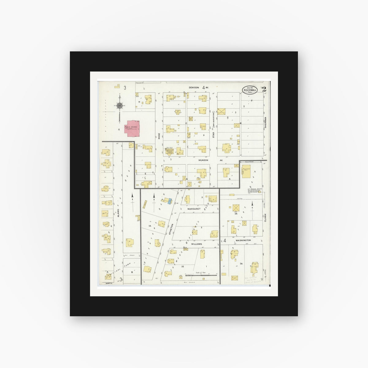 Old map wall art mockup — black gallery frame with white mat — Sanborn Fire Insurance Map from Rockwall, Rockwall County, Texas (1911), Sheet #0002