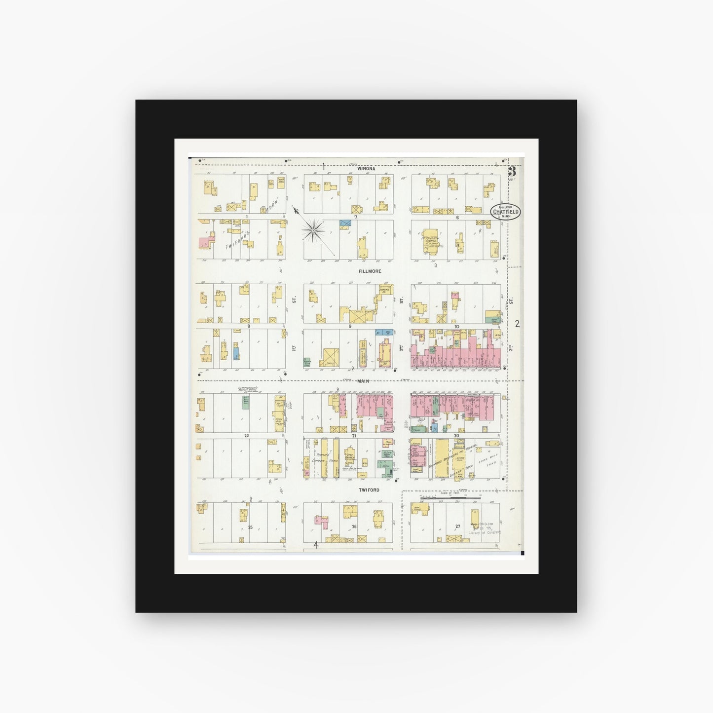 Old map wall art mockup — black gallery frame with white mat — Sanborn Fire Insurance Map from Chatfield, Fillmore And Olmsted Counties, Minnesota (1900), Sheet #0003