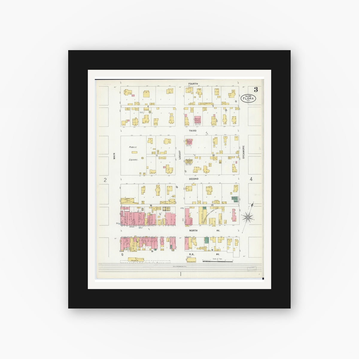 Old map wall art mockup — black gallery frame with white mat — Sanborn Fire Insurance Map from Flora, Clay County, Illinois (1899), Sheet #0003