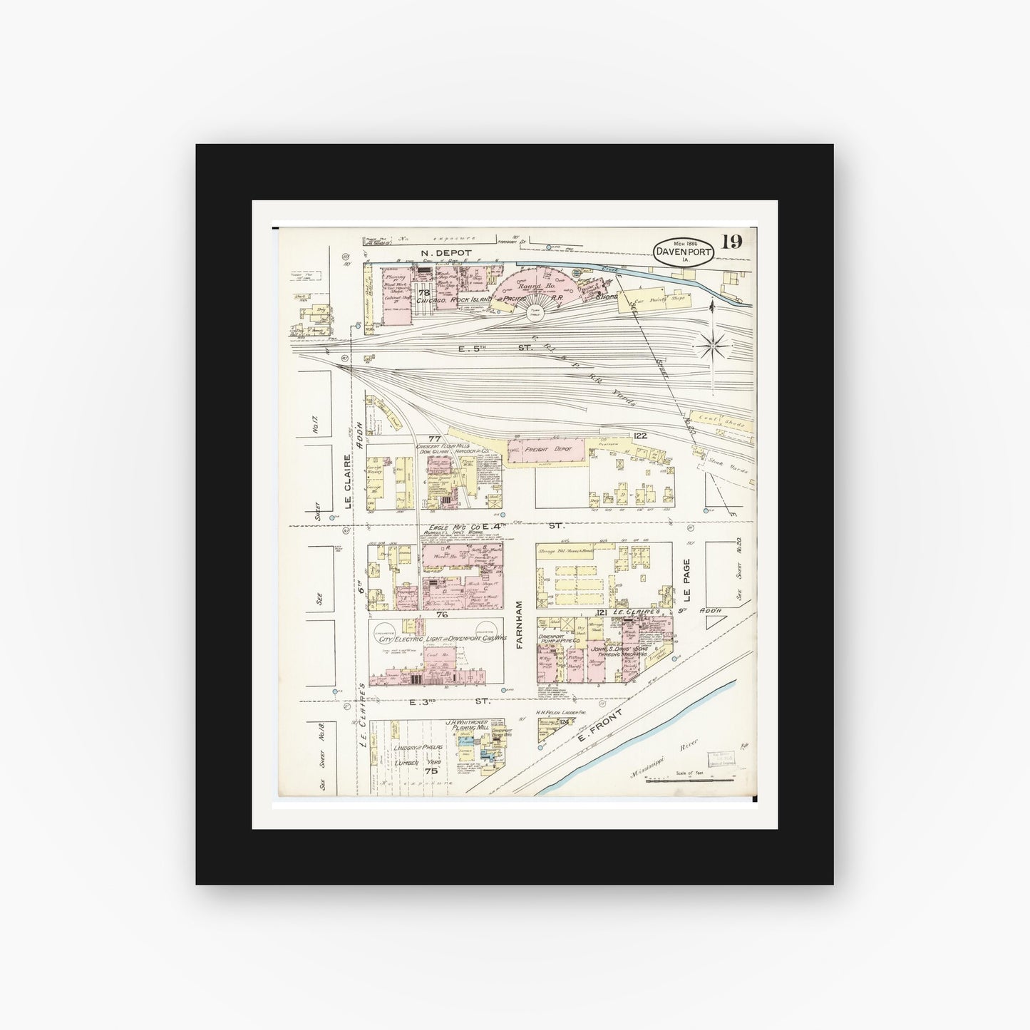 Old map wall art mockup — black gallery frame with white mat — Sanborn Fire Insurance Map from Davenport, Scott County, Iowa (1886), Sheet #0019