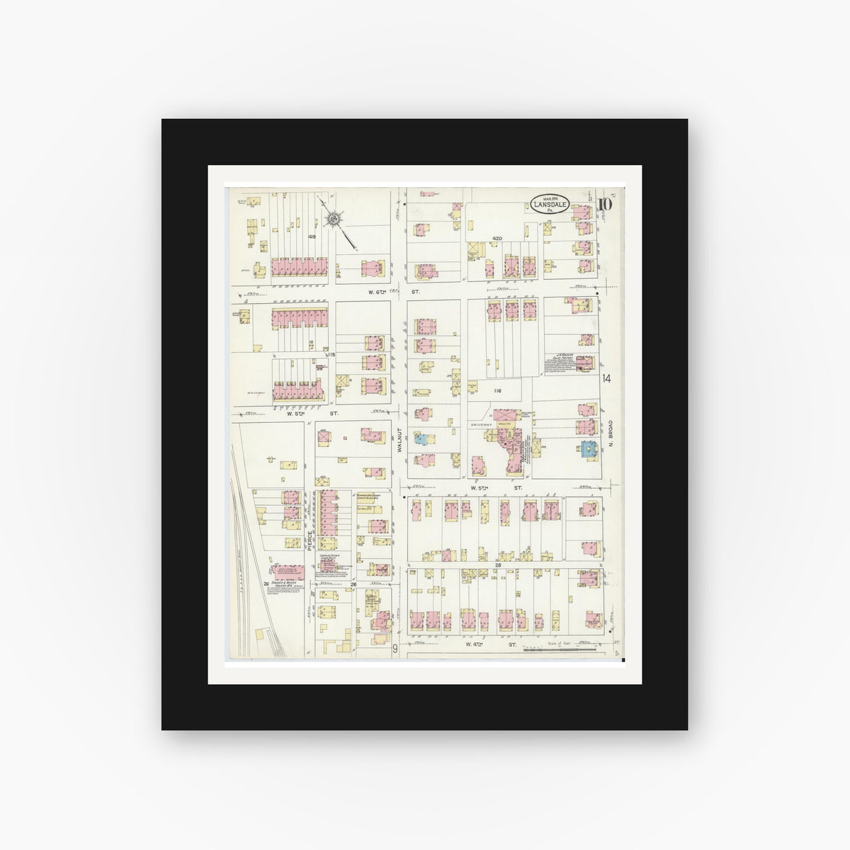 Old map wall art mockup — black gallery frame with white mat — Sanborn Fire Insurance Map from Lansdale, Montgomery County, Pennsylvania (1914), Sheet #0010