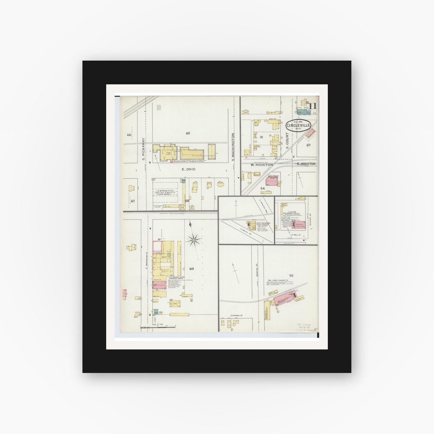 Old map wall art mockup — black gallery frame with white mat — Sanborn Fire Insurance Map from Circleville, Pickaway County, Ohio (1893), Sheet #0011